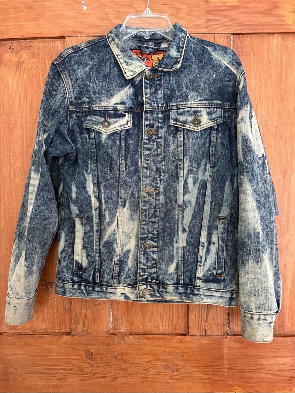 Men’s Rolling Paper NY Acid Wash Blue Distressed Trucker Denim Jeans Jacket S